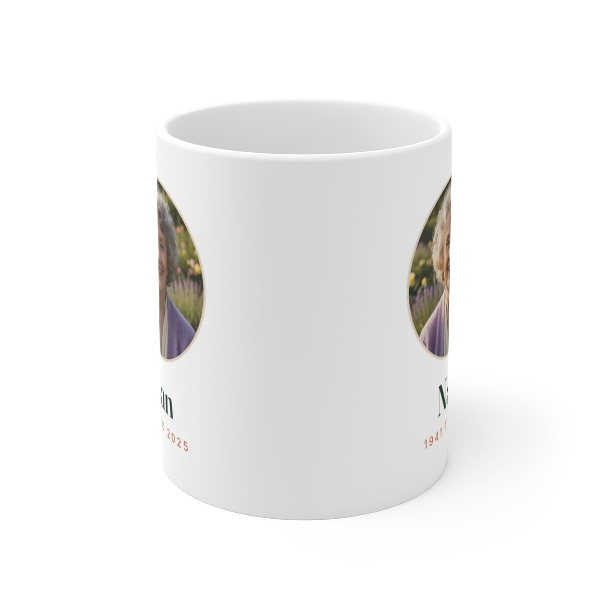 In Loving Memory photo mug seen from the front with the handle behind, showing the design printed on both sides