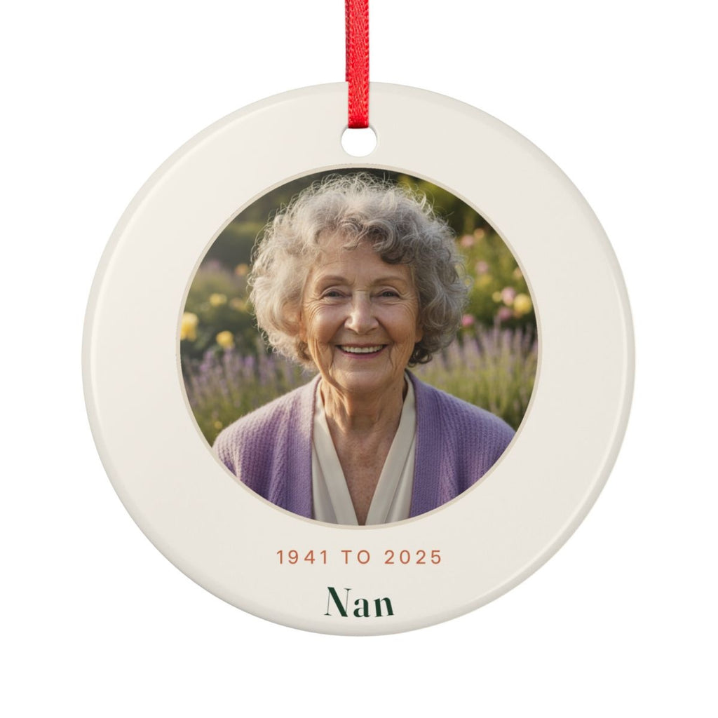 In Loving Memory photo ornament mock-up seen from the other side, with the same sample photo of an elderly woman, '1941 to 2025' and 'Nan'