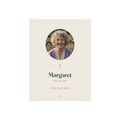 In Loving Memory photo print mock-up, an elderly woman's round photo, 'Margaret', '1941 to 2025', 'Forever in our hearts'