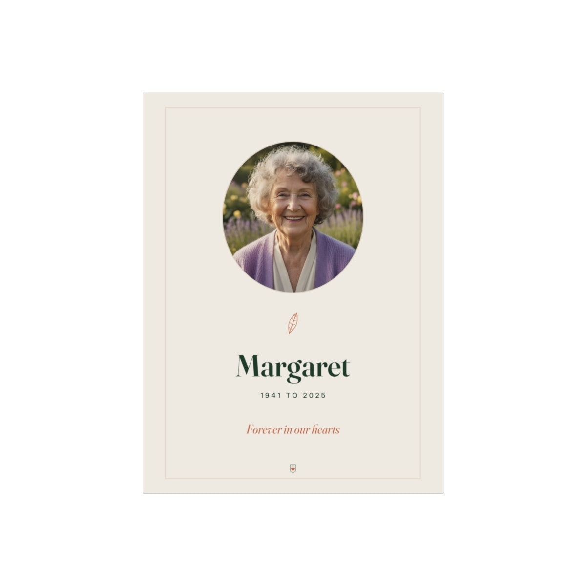 In Loving Memory photo print mock-up, an elderly woman's round photo, 'Margaret', '1941 to 2025', 'Forever in our hearts'