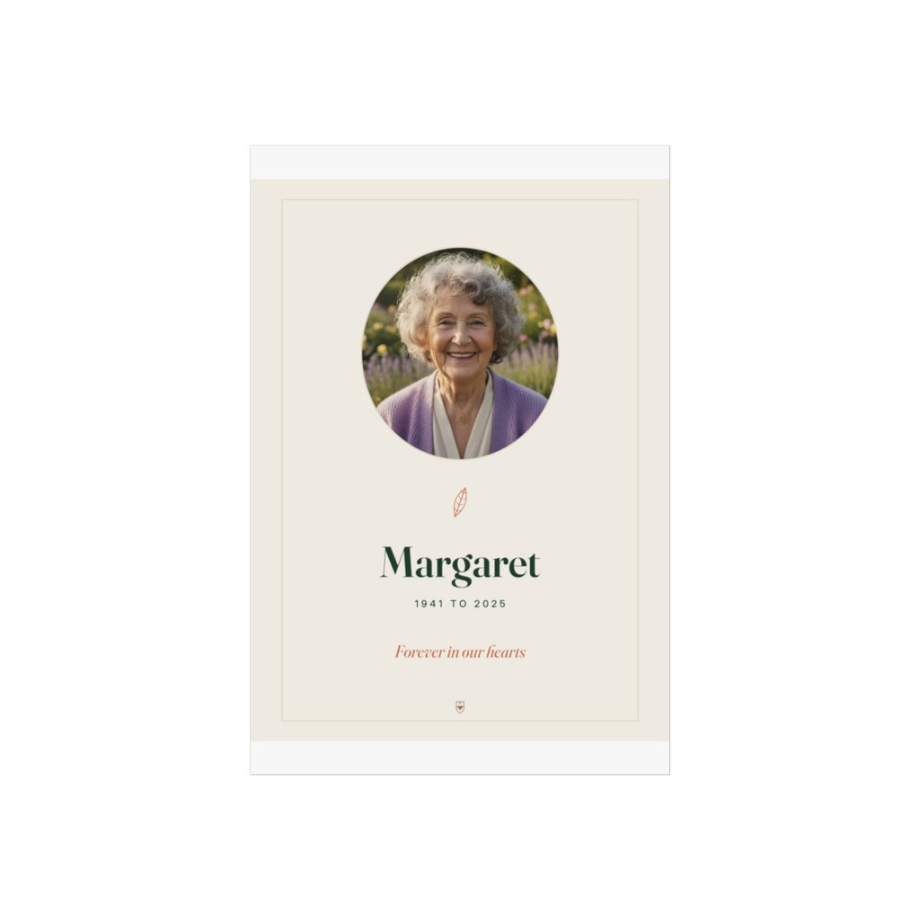 In Loving Memory photo print mock-up on a taller sheet with white margins, 'Margaret' and 'Forever in our hearts'
