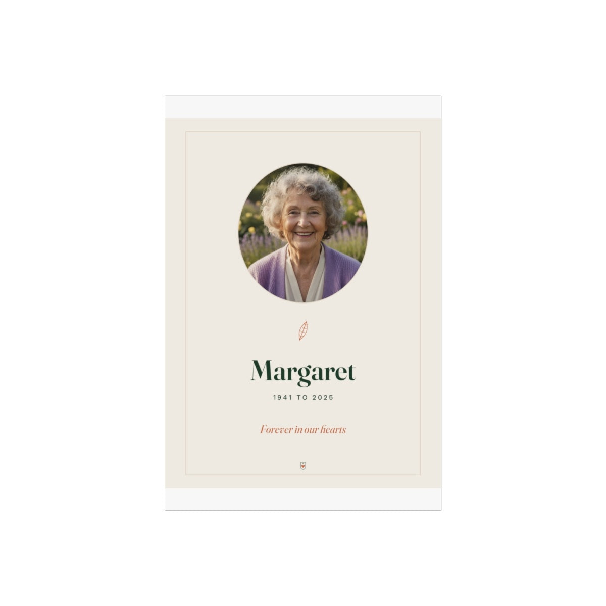 In Loving Memory photo print mock-up on a taller sheet with white margins, 'Margaret' and 'Forever in our hearts'