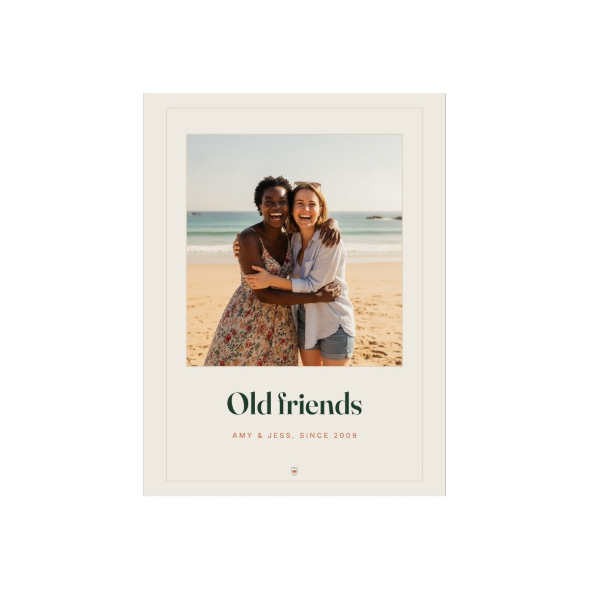 Personalised photo print for friends mock-up, two women hugging on a beach, 'Old friends' and 'Amy & Jess, since 2009'