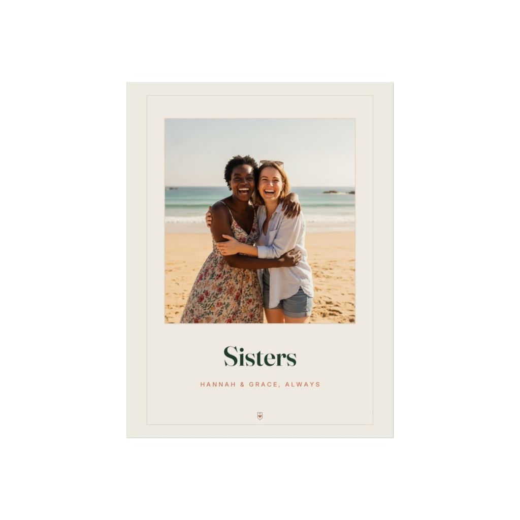 Sisters photo print mock-up with a sample picture, two women hugging on a beach, 'Sisters' and 'Hannah & Grace, always'