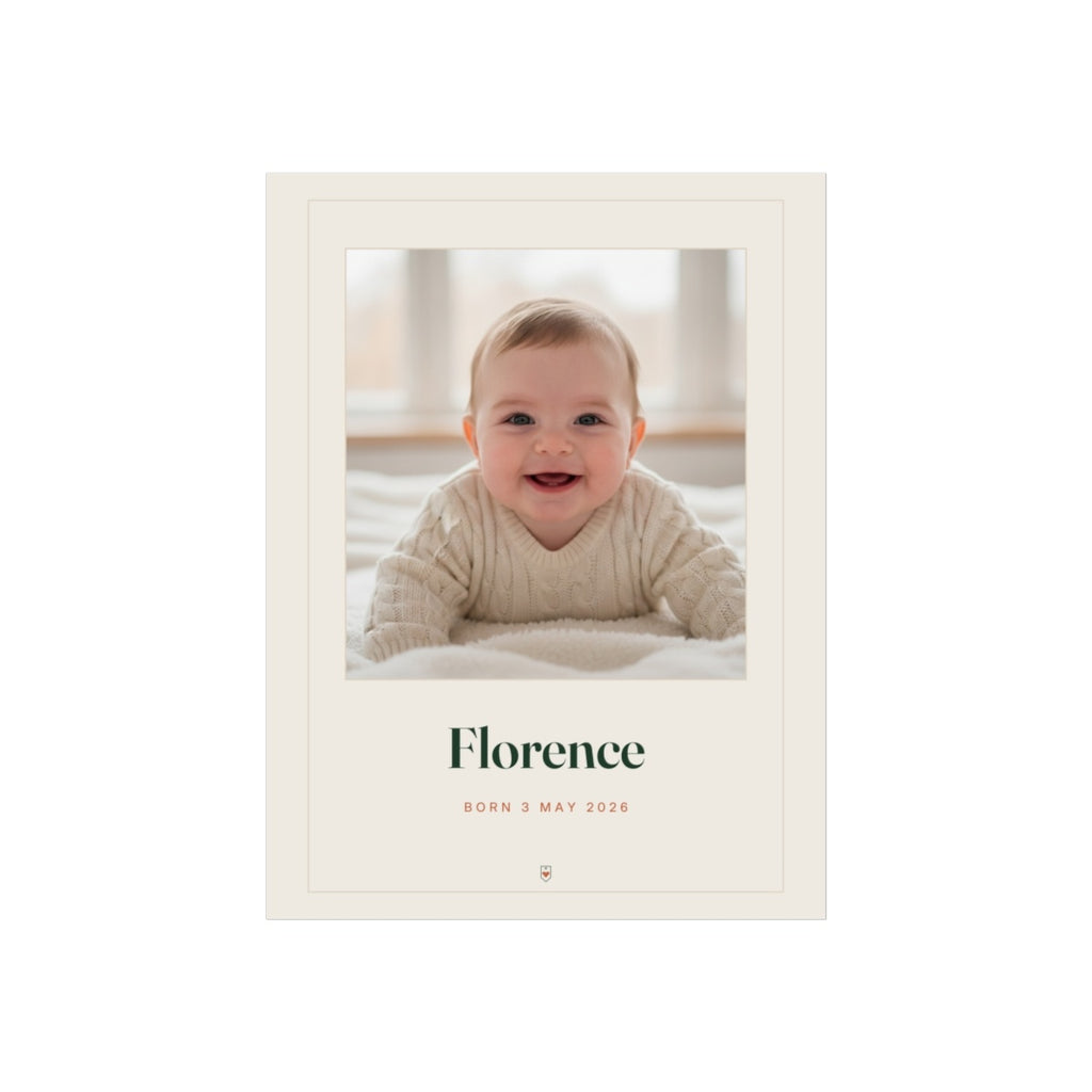 Personalised baby photo print mock-up with a smiling baby's photo, 'Florence' and 'Born 3 May 2026' on a cream border