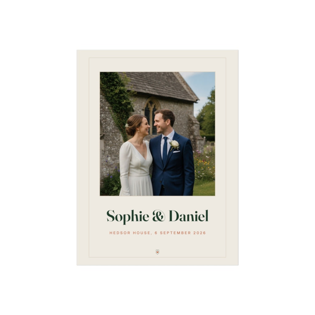 Wedding photo print mock-up with a sample church photo, 'Sophie & Daniel' and 'Hedsor House, 6 September 2026'