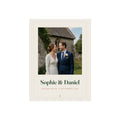 Wedding photo print mock-up with a sample church photo, 'Sophie & Daniel' and 'Hedsor House, 6 September 2026'
