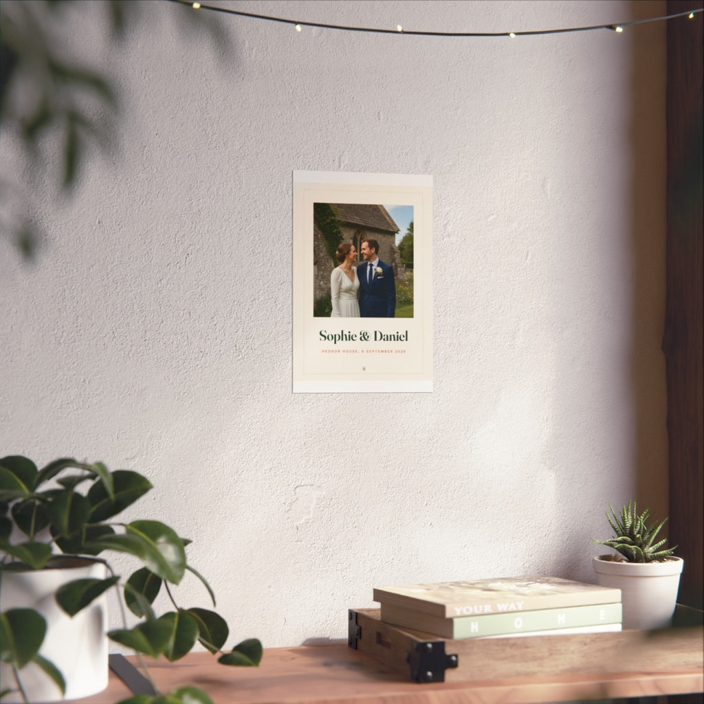 Wedding photo print mock-up shown smaller on the white wall above the desk with books and a plant