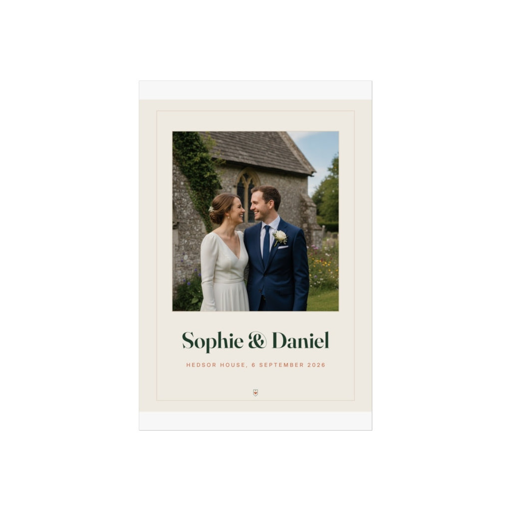 Wedding photo print mock-up flat on a grey background, sample church photo with 'Sophie & Daniel' and 'Hedsor House'