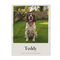 Personalised dog photo fleece blanket mock-up laid flat, with a spaniel in a garden, 'Teddy' and 'Sofa rights reserved'
