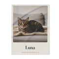Personalised cat photo fleece blanket mock-up laid flat, with a tabby cat's photo, 'Luna' and 'Head of household'