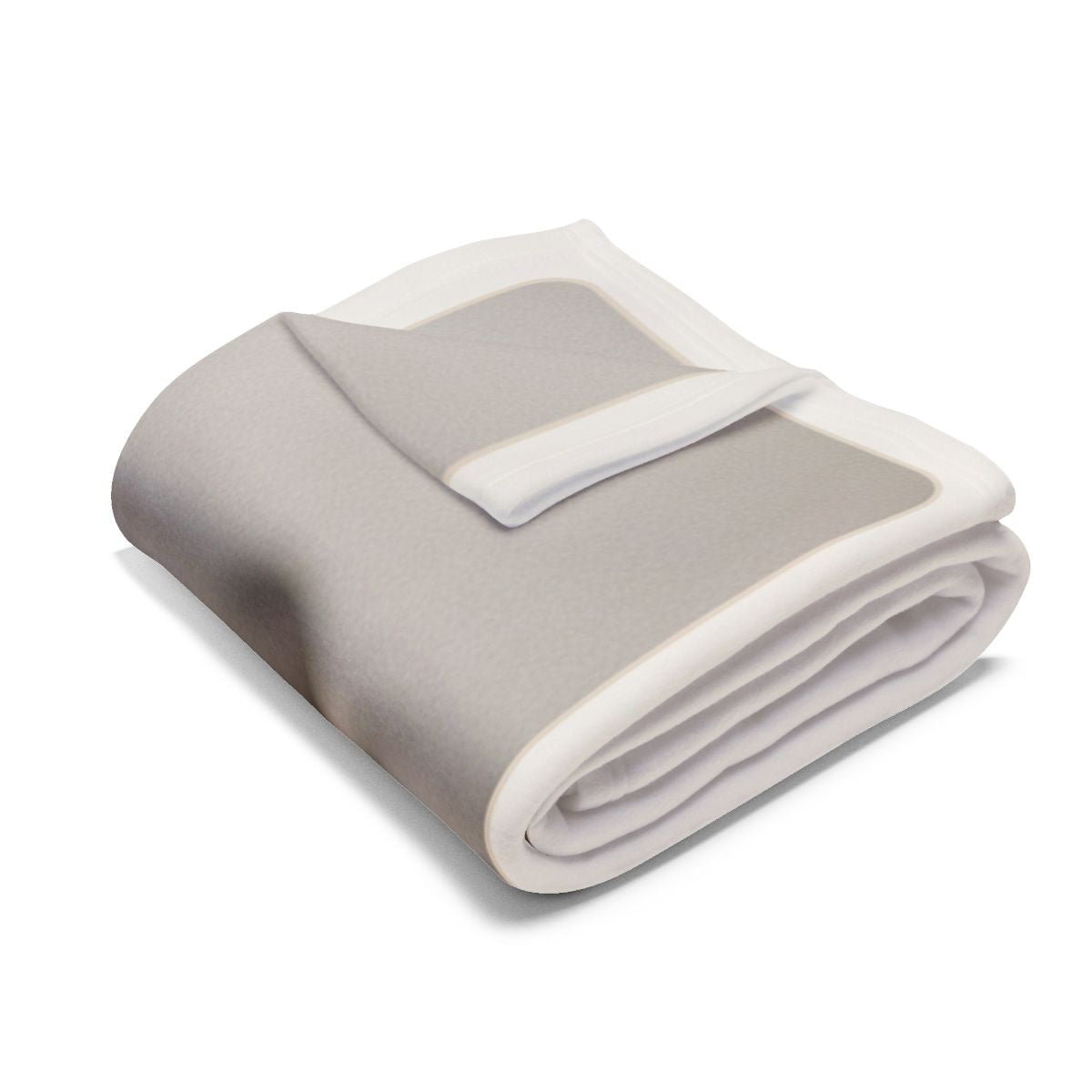 Cat photo fleece blanket folded into a bundle, showing the white border and a plain grey area of the print