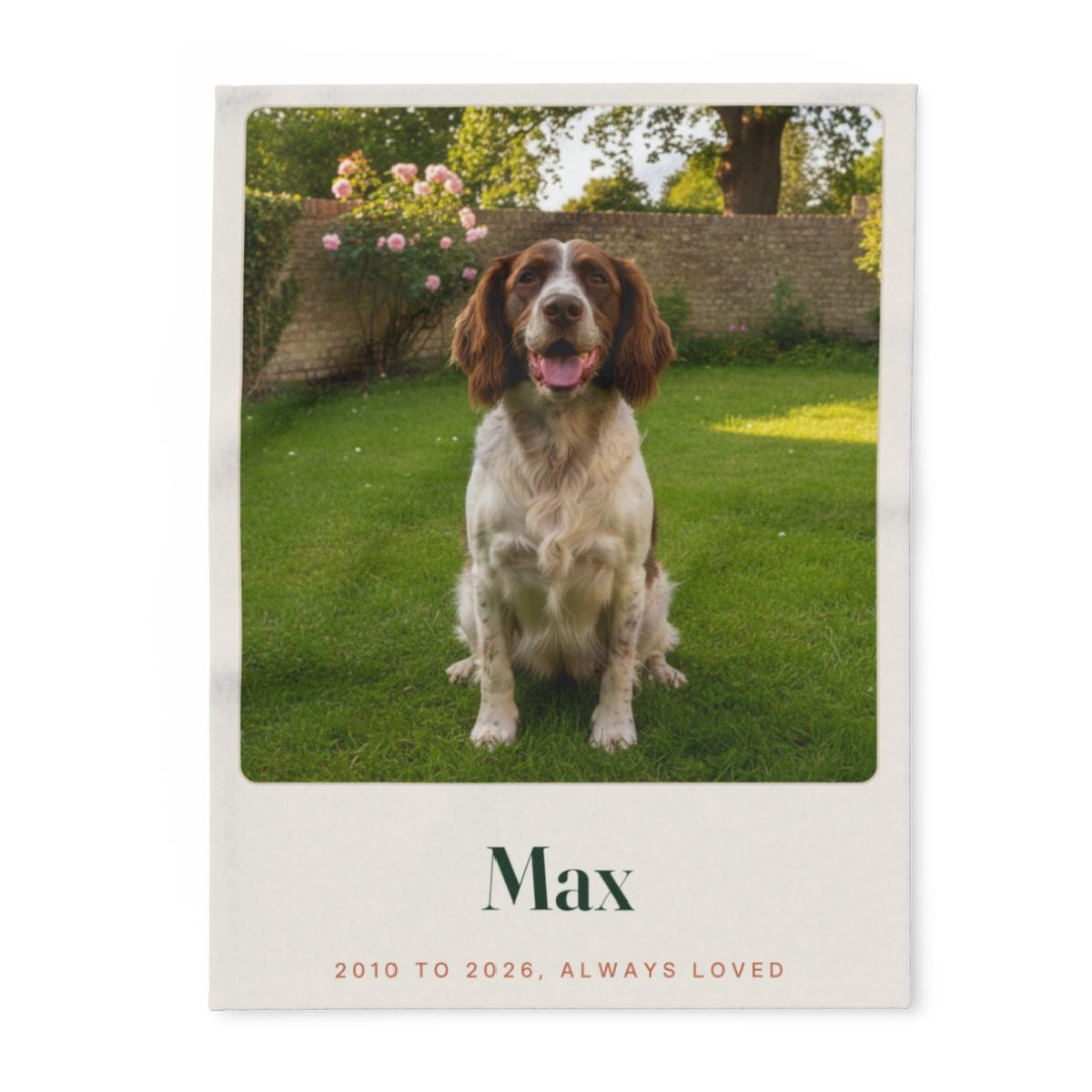 Memorial photo fleece blanket mock-up laid flat, with a spaniel in a garden, 'Max' and '2010 to 2026, always loved'
