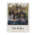 Personalised family photo fleece blanket mock-up laid flat, a family of four in a park, 'The Kellys', 'Cornwall, August 2026'