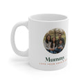 Personalised Mum photo mug mock-up, white mug with a family of four in a round photo, 'Mummy' and 'Love from Anya & Dev'