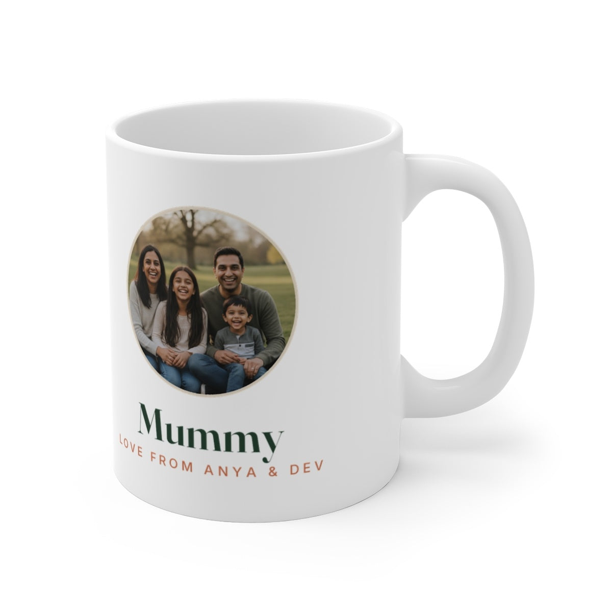 Personalised Mum photo mug mock-up turned with the handle to the right, showing the round family photo and 'Mummy'