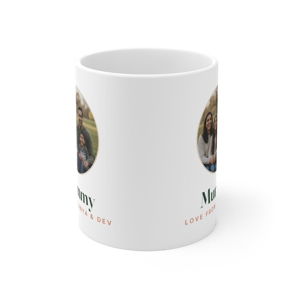 Personalised Mum photo mug mock-up seen from the front with the handle hidden, the print wrapping onto both sides