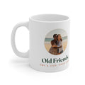 Personalised photo mug for friends mock-up, white with a round sample beach photo, 'Old Friends' and 'Amy & Jess, since 2009'