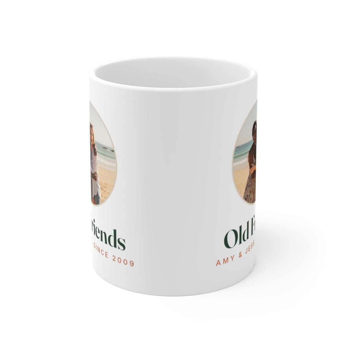 Photo mug for friends mock-up seen from the front with the handle hidden, the photo and 'Old Friends' on both sides