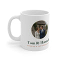 Personalised couple photo mug mock-up with a round wedding photo, 'Tom & Hannah' and 'Married 6 September 2025'
