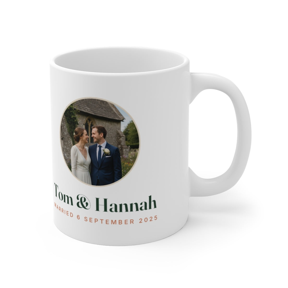 Personalised couple photo mug mock-up turned to show the round wedding photo and names with the handle on the right