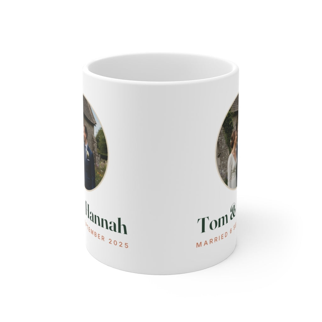 Personalised couple photo mug mock-up seen from the front, showing the photo and names printed on both sides