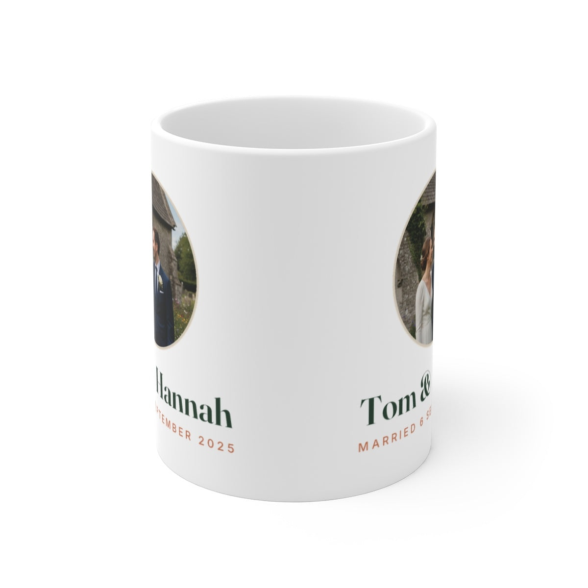 Personalised couple photo mug mock-up seen from the front, showing the photo and names printed on both sides