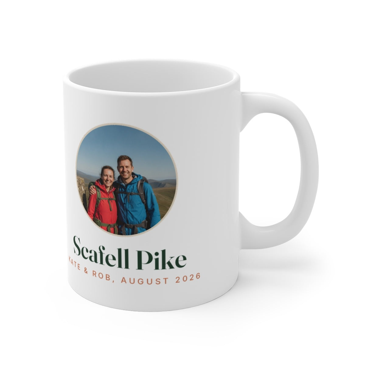 Personalised walking photo mug mock-up from the other side, handle on the right, round hikers' photo and 'Scafell Pike'