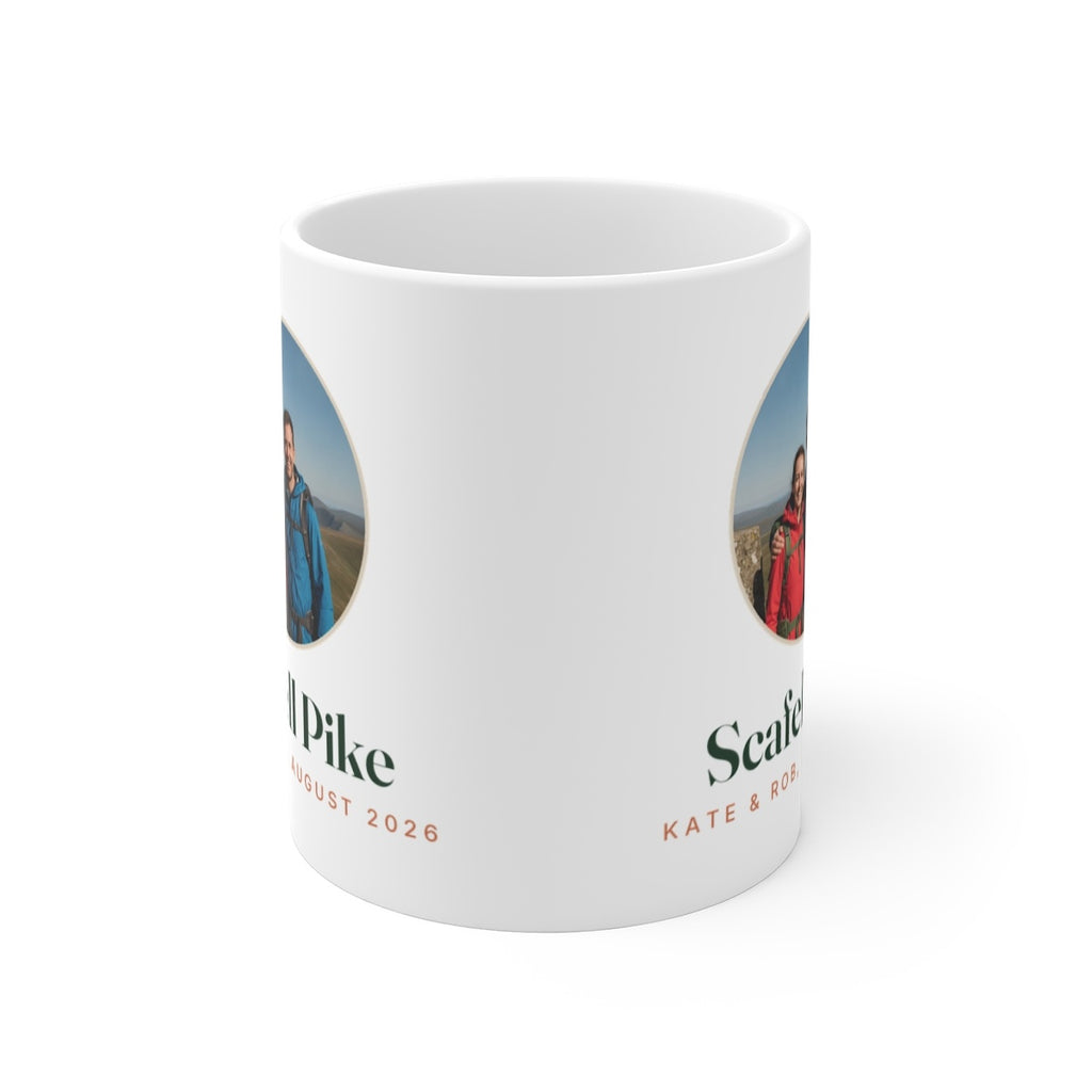 Personalised walking photo mug mock-up straight on with the handle hidden, showing the photo printed on both sides