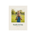 Personalised Dad photo print, artwork mock-up with a child on her father's shoulders, 'Daddy & Isla' and 'Summer 2026'