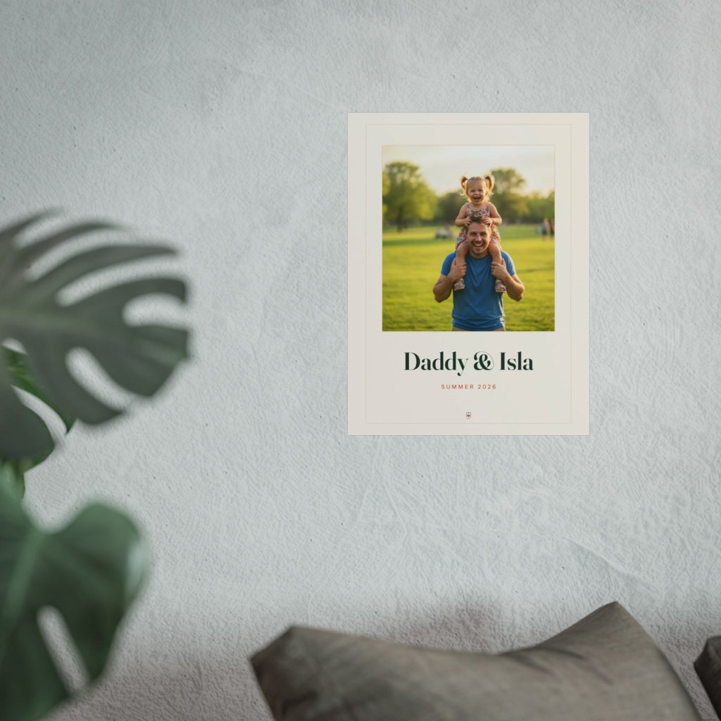 Personalised Dad photo print mock-up at 12 x 16 in on a pale wall above a sofa, next to a monstera plant
