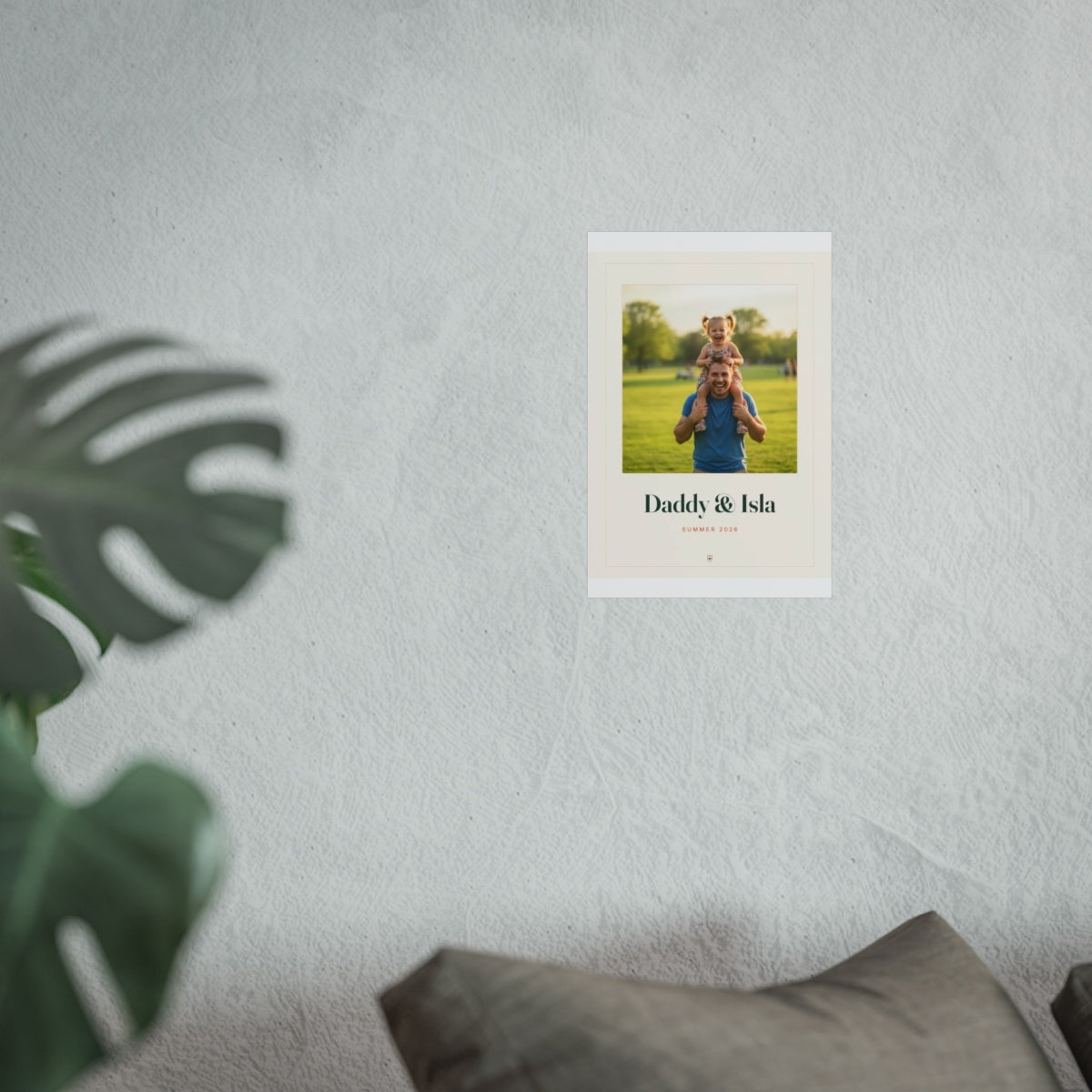 Personalised Dad photo print mock-up at the smaller 8 x 12 in size on a pale wall above a sofa