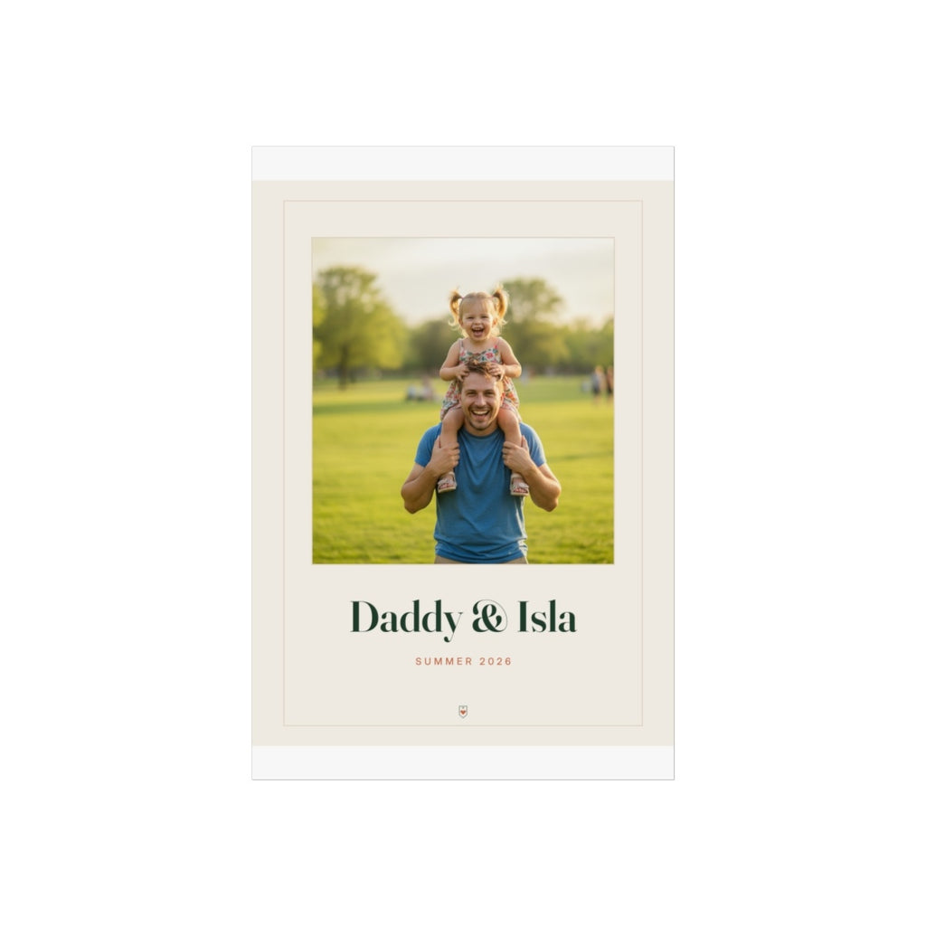 Personalised Dad photo print, artwork mock-up at 8 x 12 in proportions with the park photo and 'Daddy & Isla'