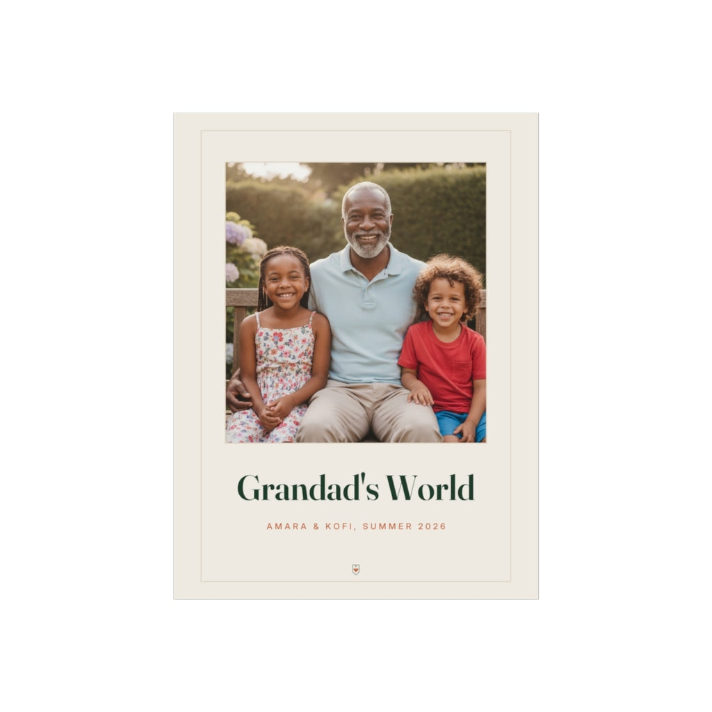 Personalised grandparents photo print mock-up, sample photo showing a grandad and two children, 'Grandad's World'