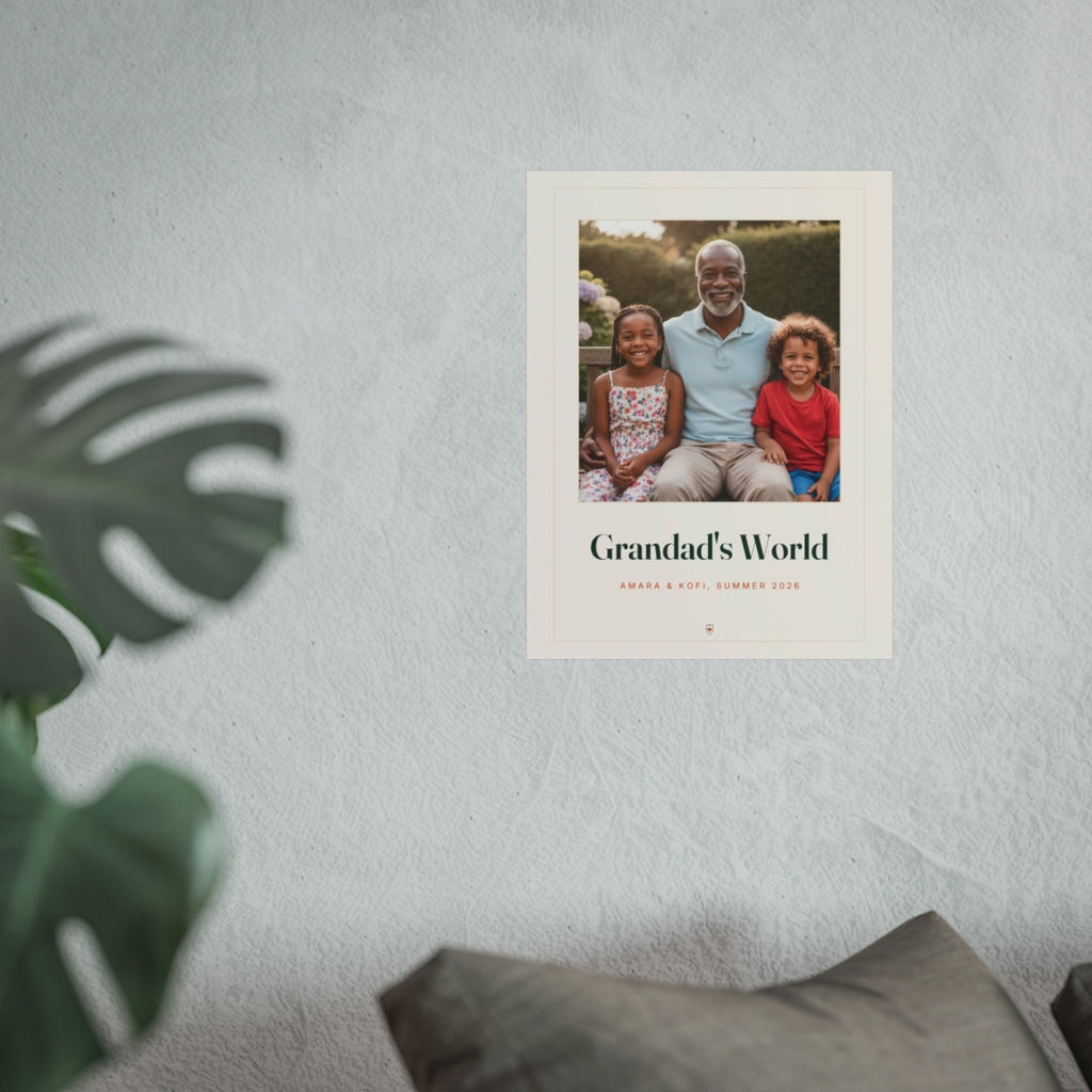 Grandparents photo print mock-up on a textured white wall above a grey sofa cushion with a monstera plant in front