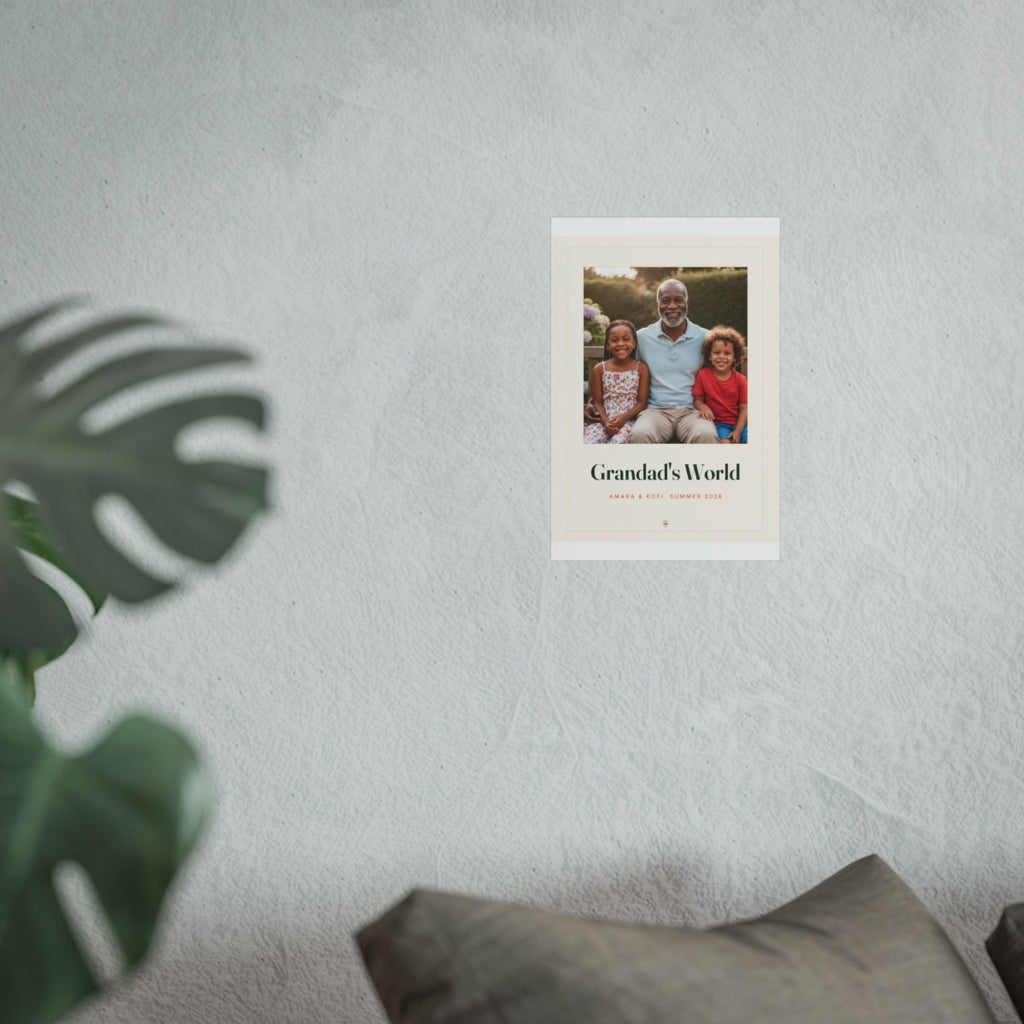 Grandparents photo print mock-up shown at the smaller size on the textured white wall above the grey sofa cushion