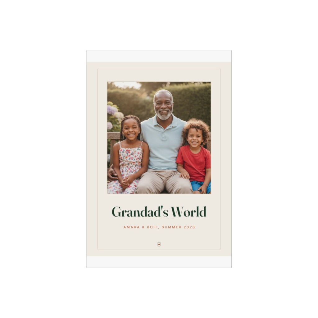 Grandparents photo print mock-up on a white sheet, sample caption 'Amara & Kofi, Summer 2026' and a small logo at the foot