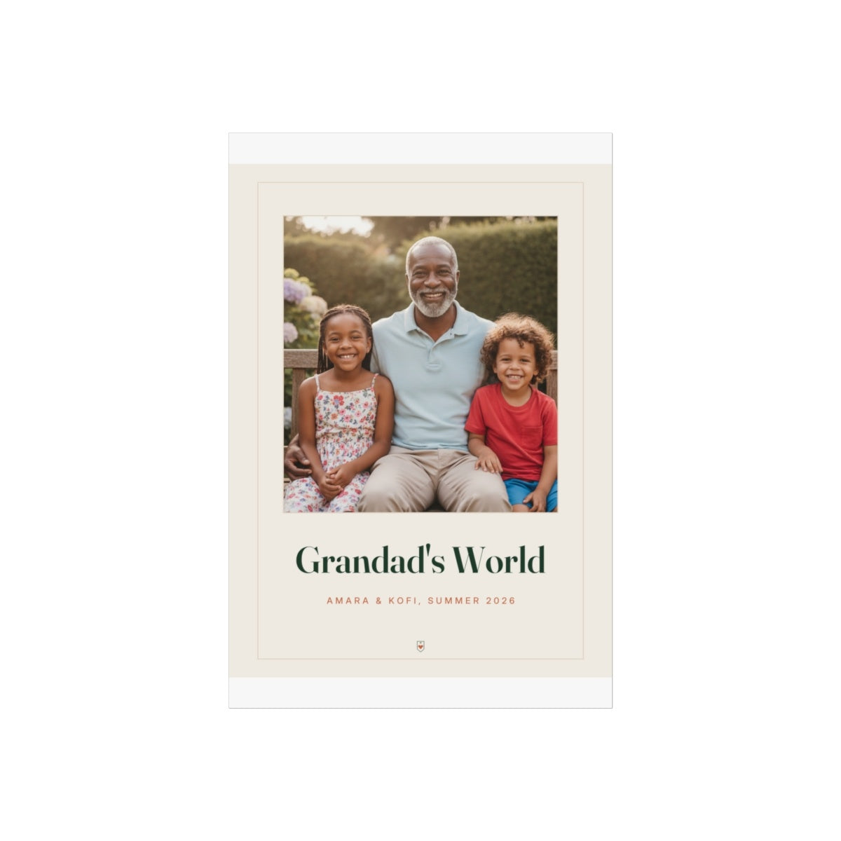 Grandparents photo print mock-up on a white sheet, sample caption 'Amara & Kofi, Summer 2026' and a small logo at the foot