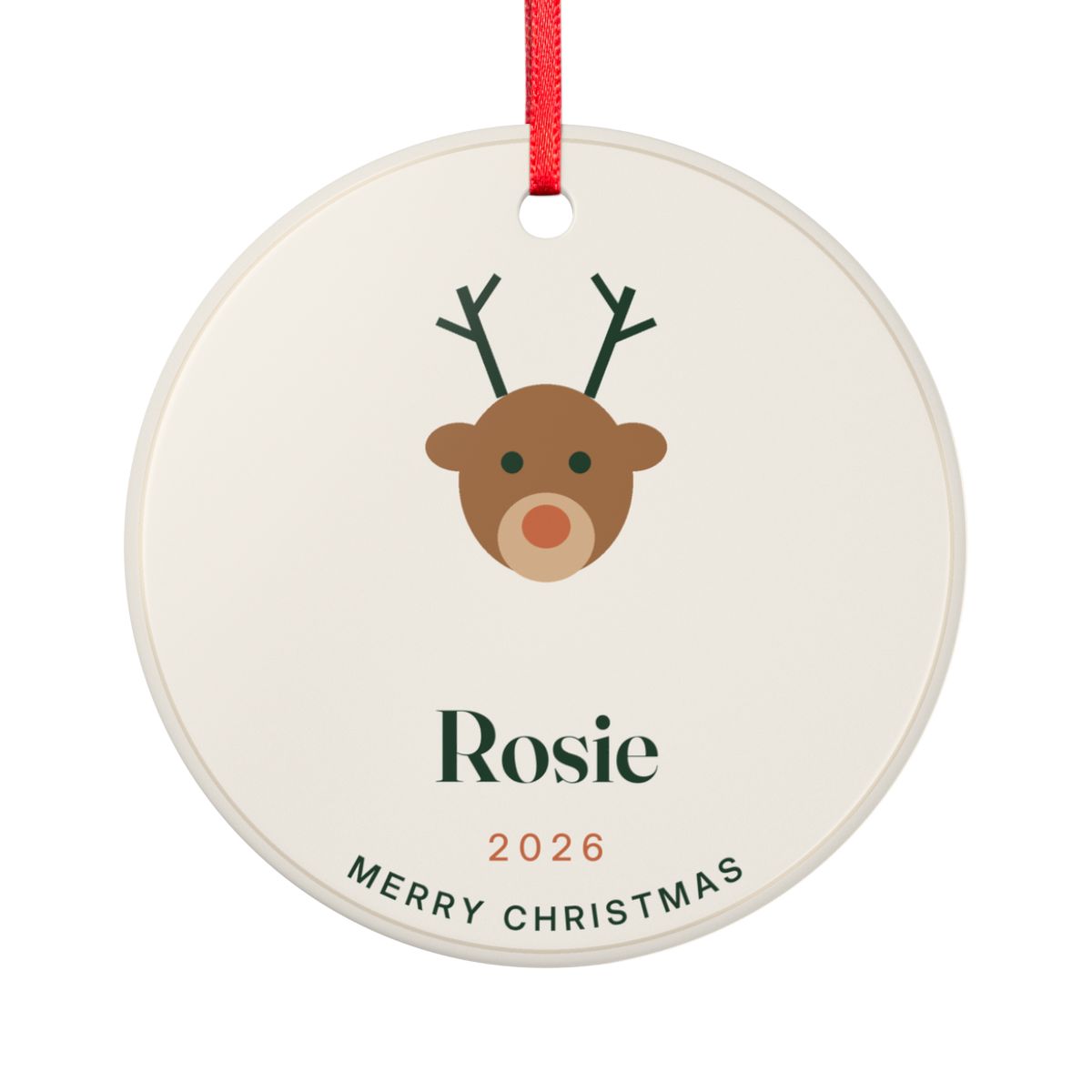 Reindeer ceramic Christmas ornament mock-up seen from the other side, with the same cartoon reindeer face, 'Rosie', '2026' and 'Merry Christmas'