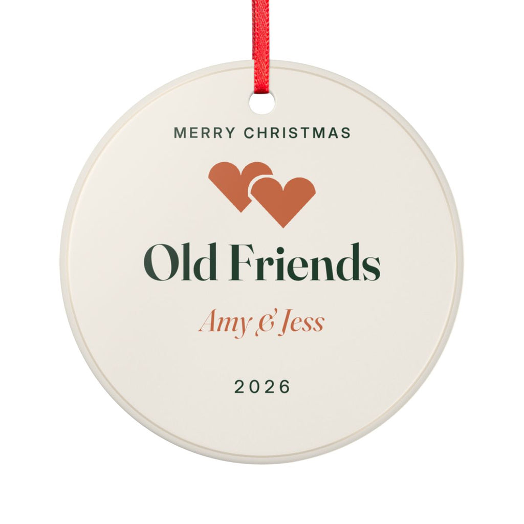 Friends ceramic Christmas ornament mock-up seen from the other side, with the same two hearts, 'Old Friends', 'Amy & Jess' and '2026'