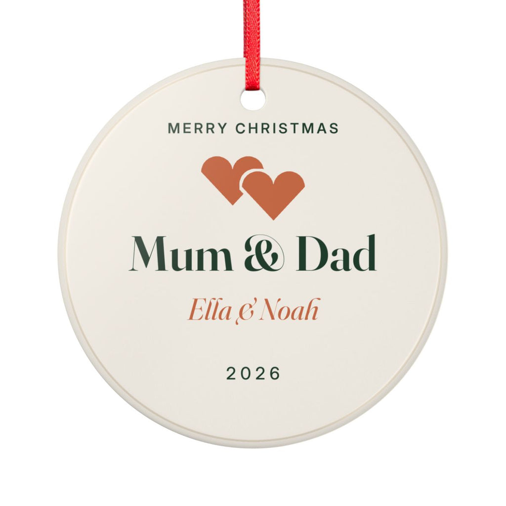 Mum and Dad Christmas ornament mock-up seen from the other side, with the same two hearts, 'Mum & Dad', 'Ella & Noah' and '2026'