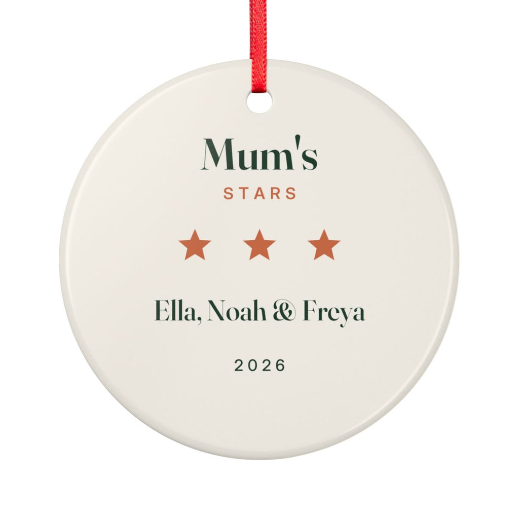 Mum's Stars Christmas ornament mock-up seen from the other side, with the same three orange stars, 'Ella, Noah & Freya' and '2026'
