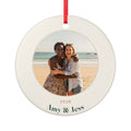 Personalised photo ornament for friends mock-up, round cream ceramic with a sample beach photo, '2026' and 'Amy & Jess'