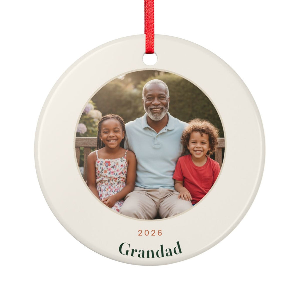 Grandparents photo ceramic ornament mock-up seen from the other side, with the same sample photo of a grandad and two children, '2026' and 'Grandad'