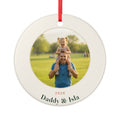 Personalised Dad photo Christmas ornament mock-up, round ceramic ornament with a child on her father's shoulders, '2026' and 'Daddy & Isla'