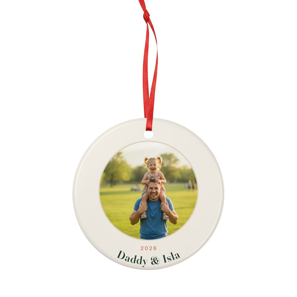 Personalised Dad photo Christmas ornament mock-up hanging from a full-length red ribbon, showing the whole ornament
