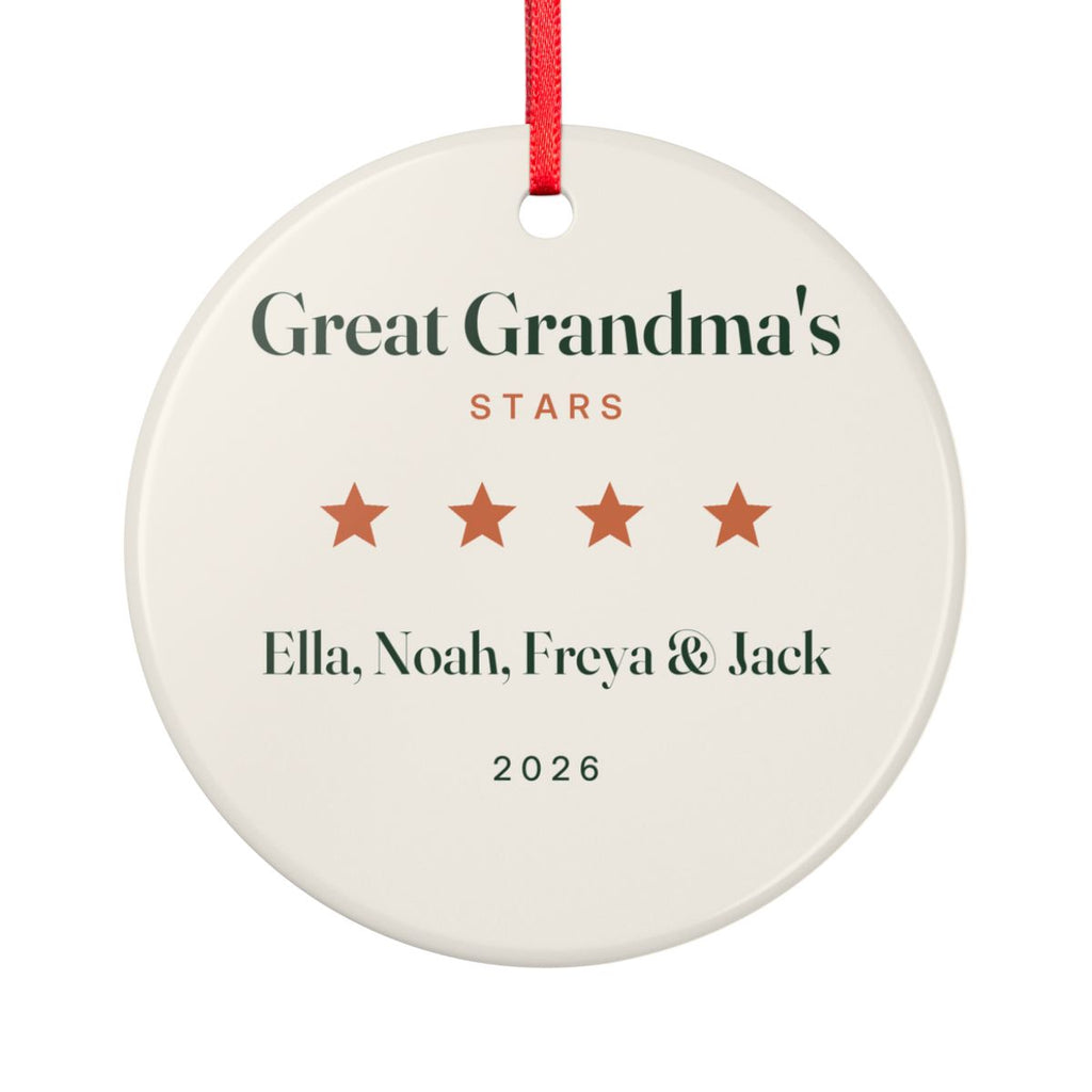 Great Grandparents ceramic ornament mock-up seen from the other side, with the same 'Great Grandma's Stars', four stars, 'Ella, Noah, Freya & Jack' and '2026'
