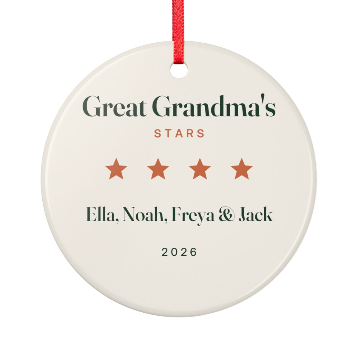 Great Grandparents ceramic ornament mock-up seen from the other side, with the same 'Great Grandma's Stars', four stars, 'Ella, Noah, Freya & Jack' and '2026'