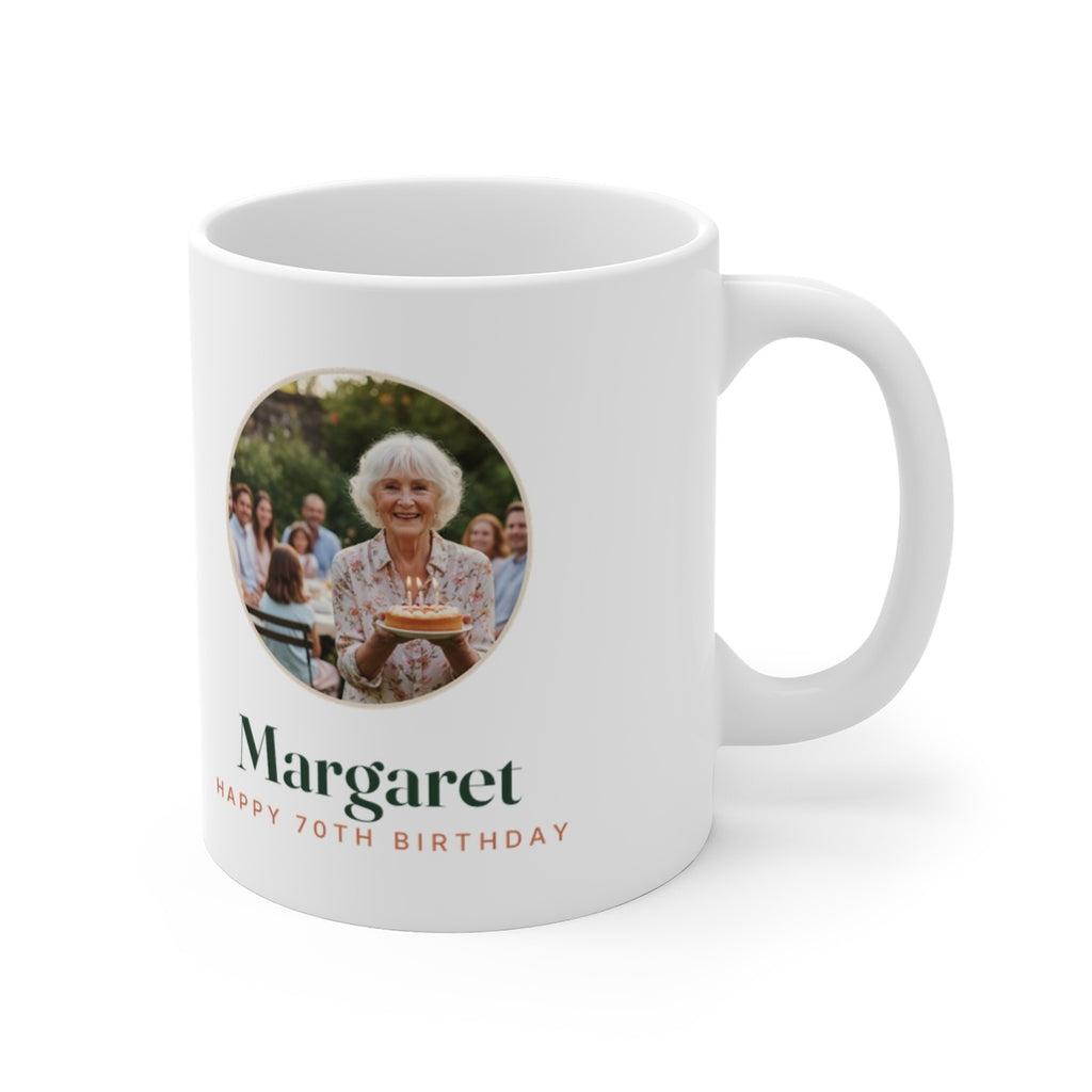Birthday photo mug mock-up with the handle on the right, showing the round photo, 'Margaret' and 'Happy 70th Birthday'