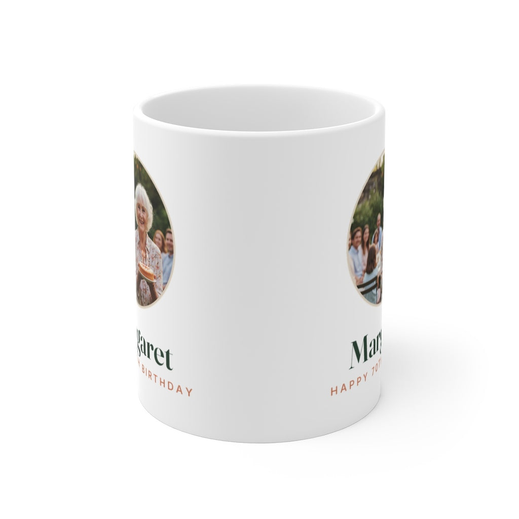 Birthday photo mug seen from the front with the handle hidden, the round photo showing partly on both sides